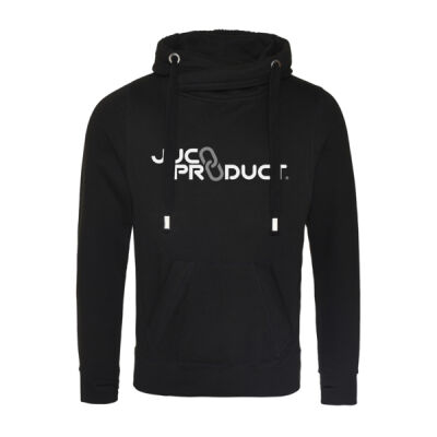 Black Cross Over Neck Hooded Sweatshirt with White & Grey JucoProduct Print 2 Thumbnail